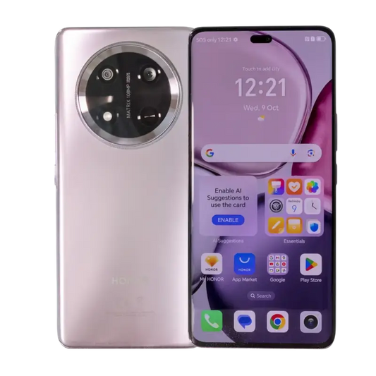 Silver Honor smartphone with circular rear camera and fast charging