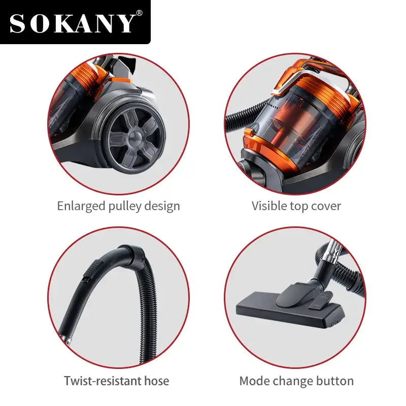 Sokany orange and black household vacuum cleaner with long hose, wheels, and durable pulley