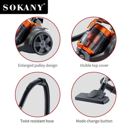 Sokany orange and black household vacuum cleaner with long hose, wheels, and durable pulley