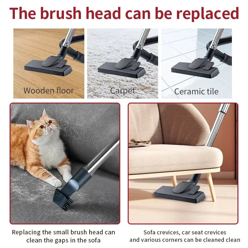 Black and silver household vacuum cleaner with replaceable brush head