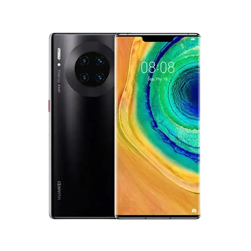 Black Huawei Mate 30 Pro smartphone with triple rear camera and curved display