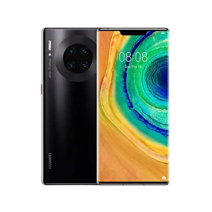 Black Huawei Mate 30 Pro smartphone with triple rear camera and curved display
