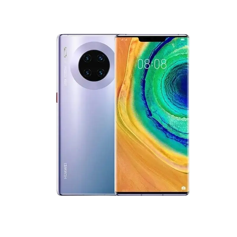 Huawei Mate 30 Pro smartphone with triple rear camera and sleek silver blue gradient curved display