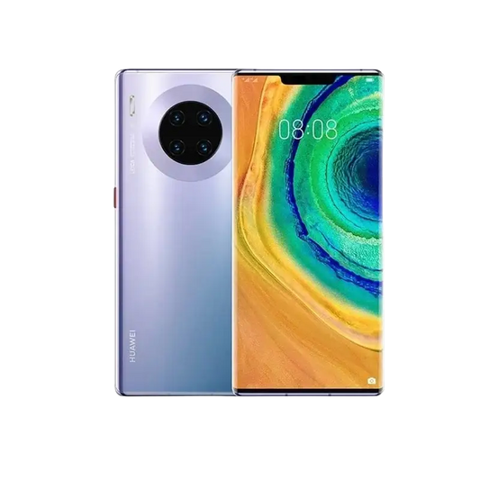 Huawei Mate 30 Pro smartphone with triple rear camera and sleek silver blue gradient curved display
