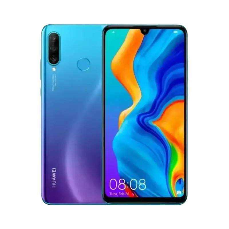 Huawei P30 Lite smartphone with vibrant display, pop-up camera, and rear camera
