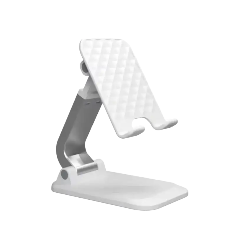 Huawei P30 Lite on white foldable phone stand with textured grip