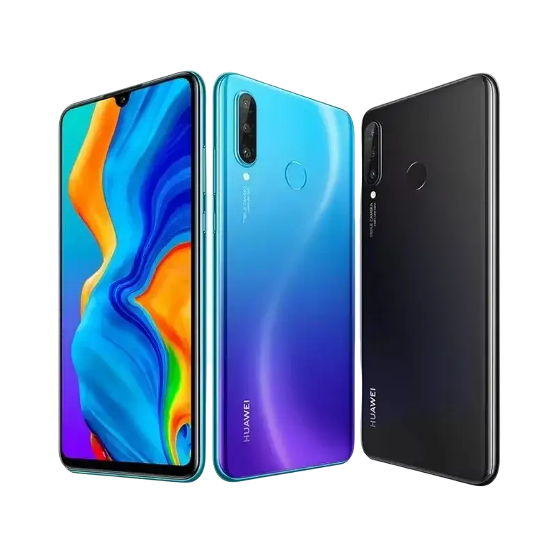 Huawei P30 Lite smartphone with vibrant gradient display, dual rear cameras, and battery capacity