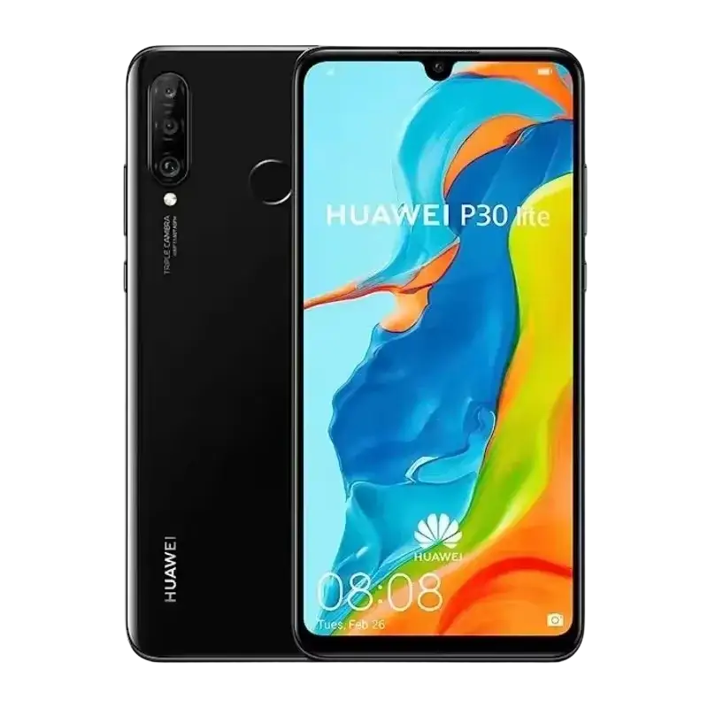 Black Huawei P30 Lite smartphone with vibrant display, dual rear cameras