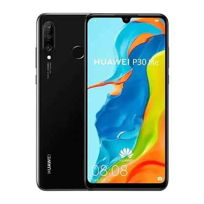 Black Huawei P30 Lite smartphone with vibrant display, dual rear cameras