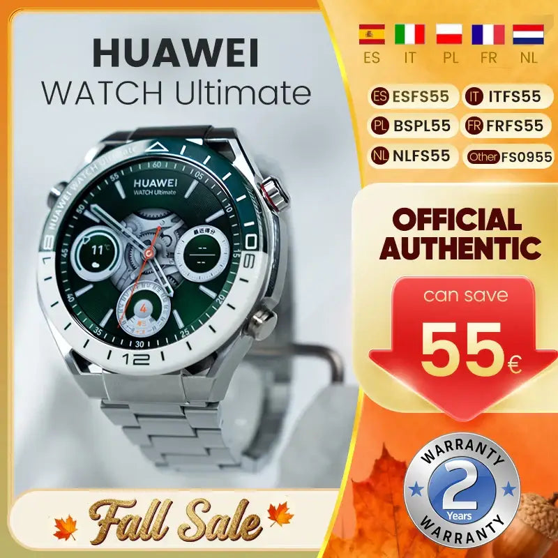 Huawei Watch Ultimate silver stainless steel smartwatch with green white face and water resistance