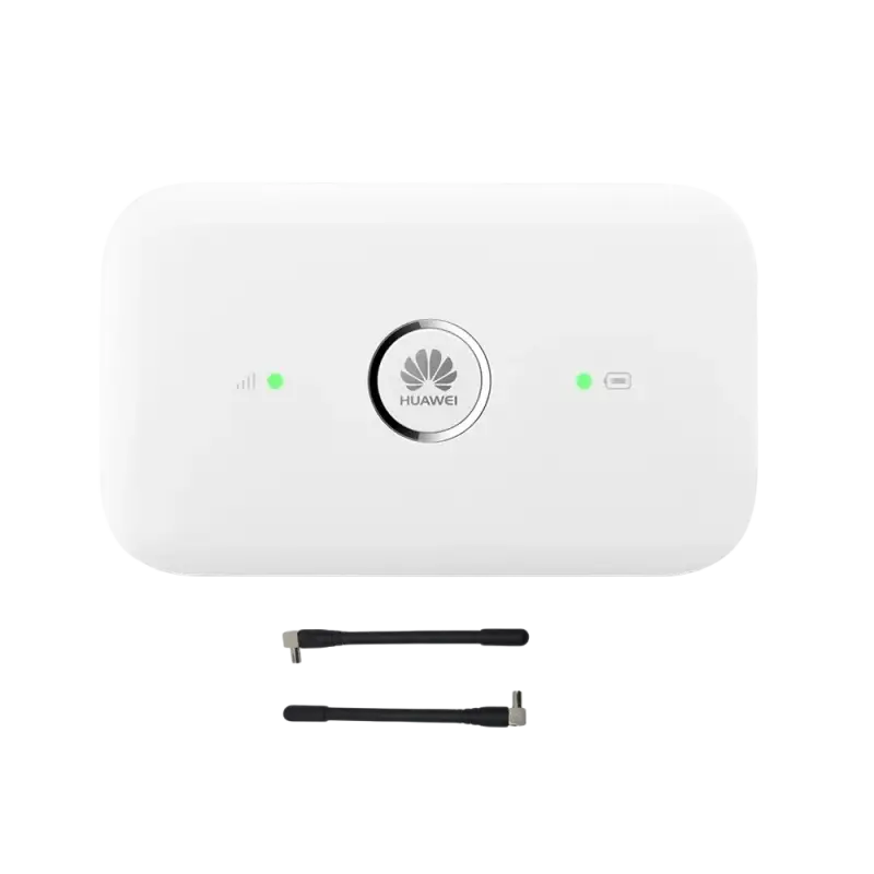 White Huawei portable Wi-Fi router with 150 Mbps transmission rate and black antennas
