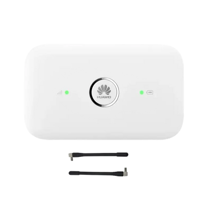 White Huawei portable Wi-Fi router with 150 Mbps transmission rate and black antennas