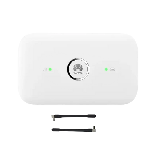 White Huawei portable Wi-Fi router with 150 Mbps transmission rate and black antennas