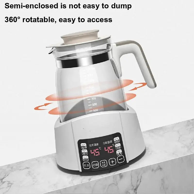 White Digital Kettle with glass body, stainless steel base, touch screen, and automatic smart insulation