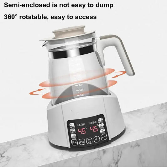 White Digital Kettle with glass body, stainless steel base, touch screen, and automatic smart insulation
