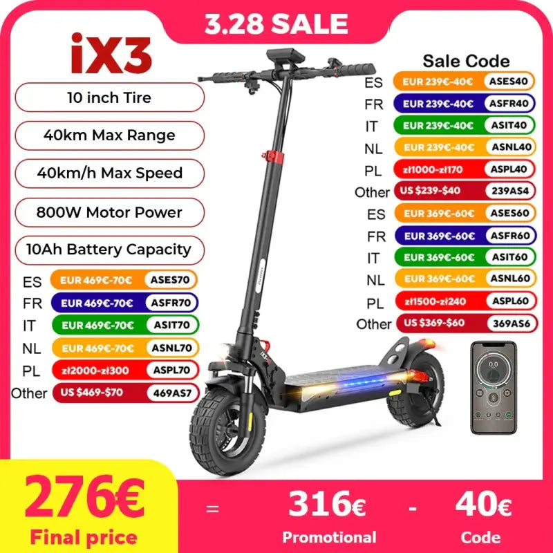 iScooter iX3 800 W Powerful Electric Kick Scooter 10 inch Tubeless 40 km/h For Adults laurichshop