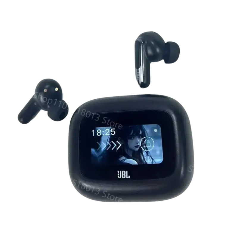 JBL Live Beam wireless earbuds with charging case and screen