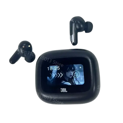 JBL Live Beam wireless earbuds with charging case and screen