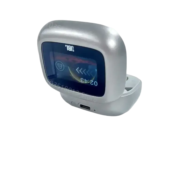 Silver JBL Live Beam wireless earbuds with charging case