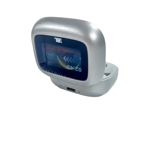 Silver JBL Live Beam wireless earbuds with charging case