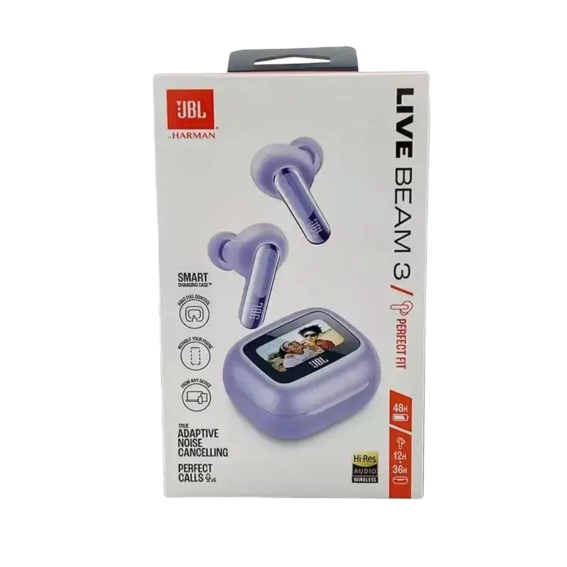 Purple JBL Live Beam 3 earbuds with ANC and clear calls