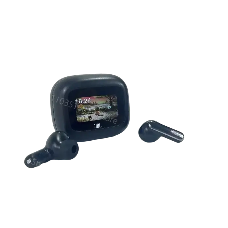 Black JBL Live Beam wireless earbuds with charging case and screen