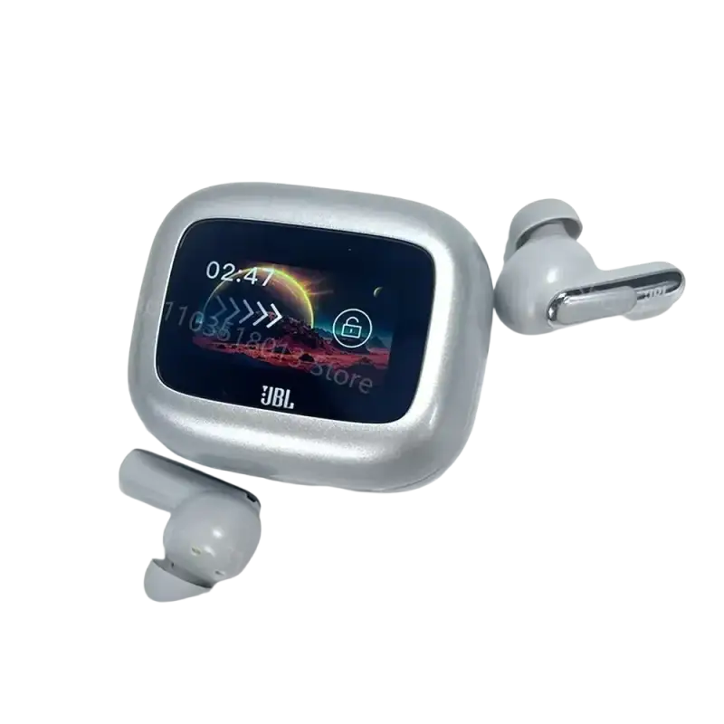 Silver JBL Live Beam wireless earbuds with charging case