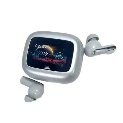 Silver JBL Live Beam wireless earbuds with charging case