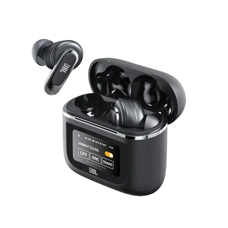 JBL Tour Pro 2 wireless earbuds with smart display in charging case
