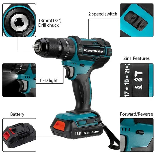 Kamolee 10mm/13mm Brushed Cordless Electric Impact Drill