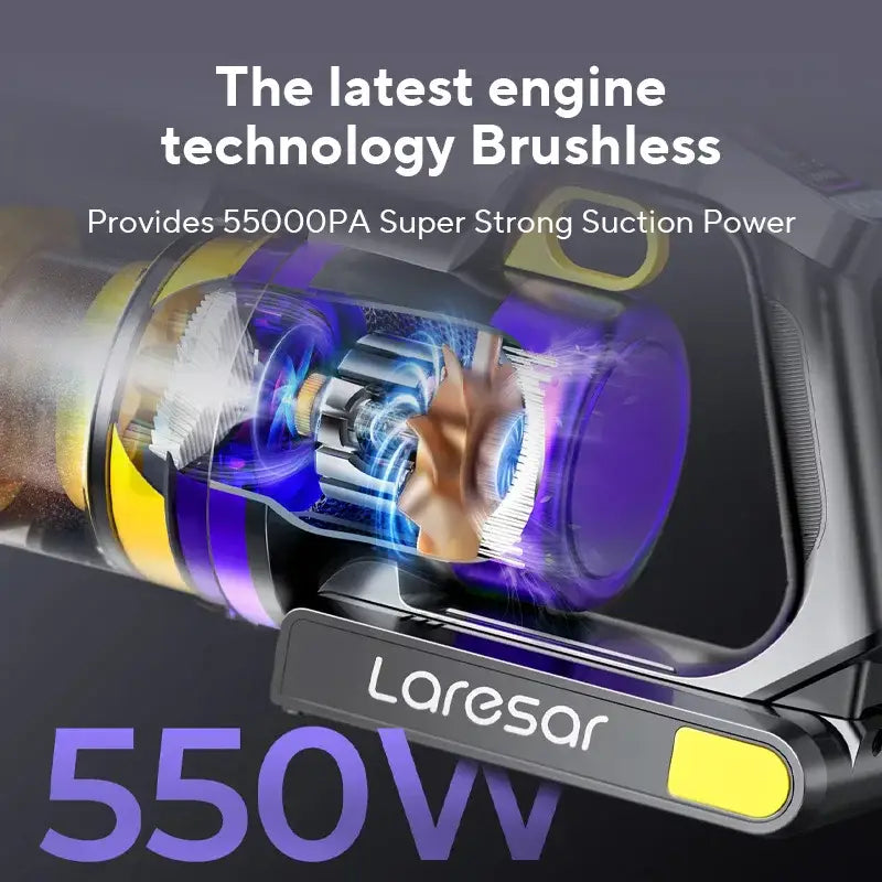 Purple and black Laresar 550W cordless vacuum with 55,000Pa dust suction