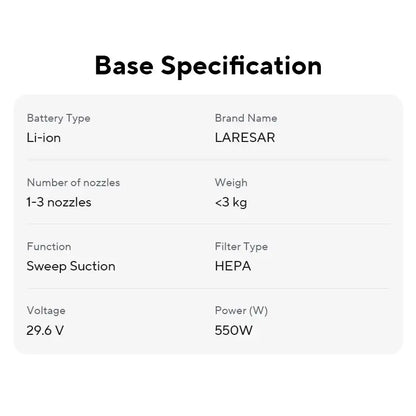 Purple and black Laresar cordless vacuum with 29.6V Li-ion battery, HEPA filter, strong dust suction