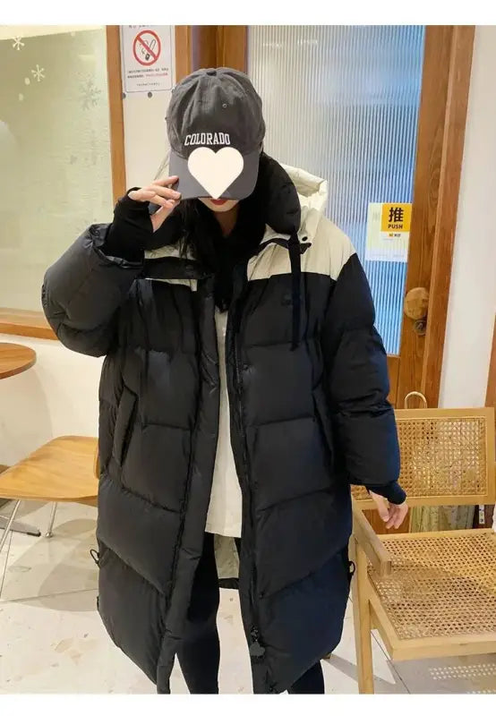Loehsao Brand 2024 New Fashion Winter Contrast Down Jacket Women coat Black White Hooded Loose Thickening Casual Long Parkas - laurichshop