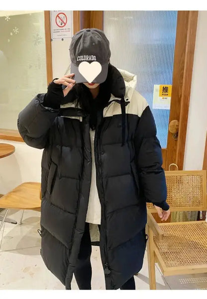 Loehsao Brand 2024 New Fashion Winter Contrast Down Jacket Women coat Black White Hooded Loose Thickening Casual Long Parkas - laurichshop