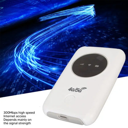 Sleek white 4G/5G portable WiFi modem with SIM card and circular display