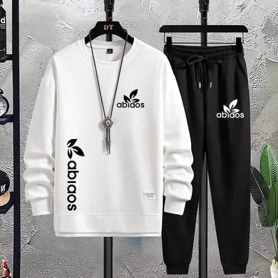 2023 Autumn/Winter New plush and warm Waffle fabric Men's casual sports set Youth two-piece set Classic minimalist print - laurichshop