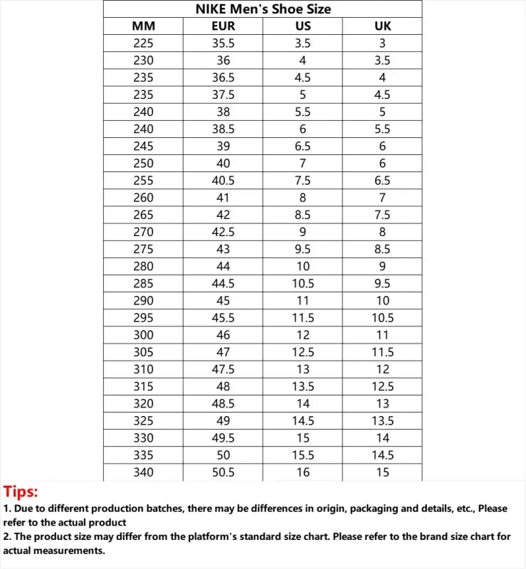 Nike men’s running shoes size chart in mm, EU, US, UK sizes