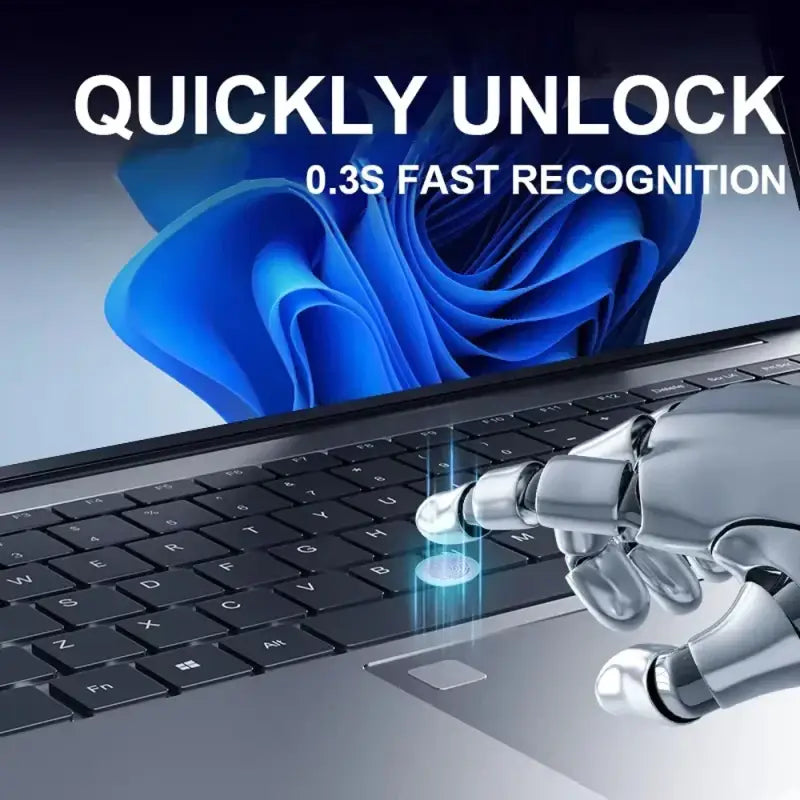 Robot hand activating fingerprint sensor on laptop with text 'Quickly Unlock 0.3s Fast Recognition'.