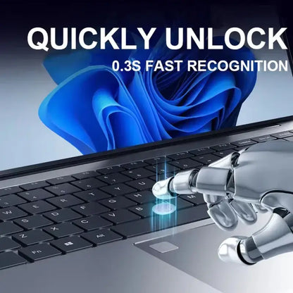 Robot hand activating fingerprint sensor on laptop with text 'Quickly Unlock 0.3s Fast Recognition'.