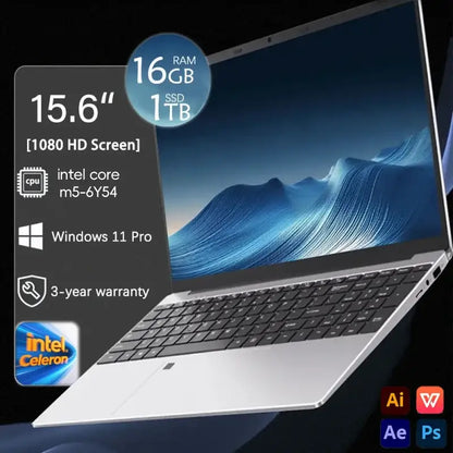 15.6 inch laptop with Intel m5-6Y54, 16GB RAM, 1TB SSD, 1080 HD screen, Windows 11 Pro, 3-year warranty.