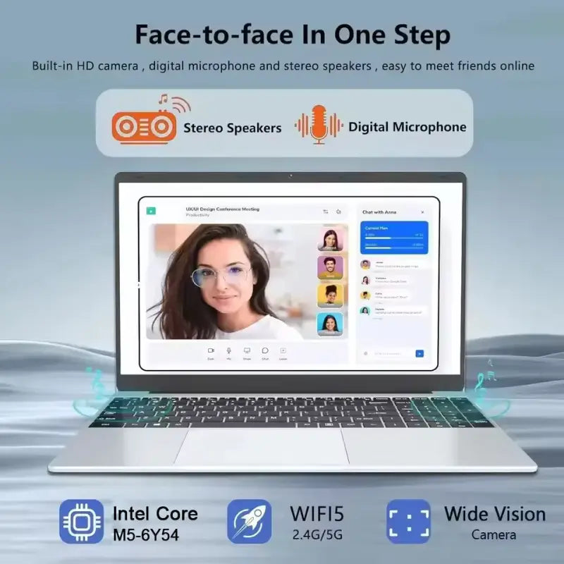 15.6 inch laptop showcasing HD camera, stereo speakers, and digital microphone for online meetings with Intel Core processor.