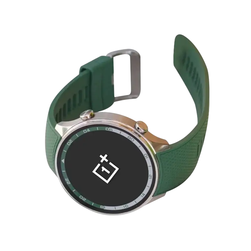 OnePlus Snapdragon Smartwatch showing slim alloy body and durable green band