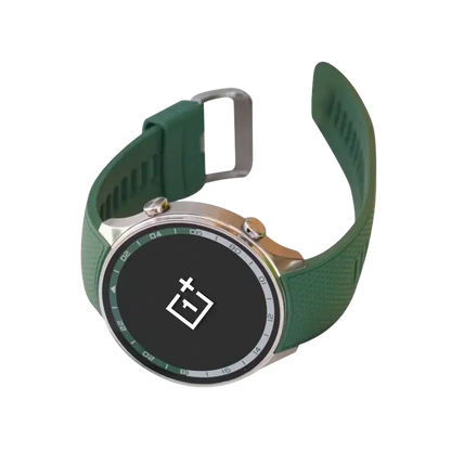 OnePlus Snapdragon Smartwatch showing slim alloy body and durable green band