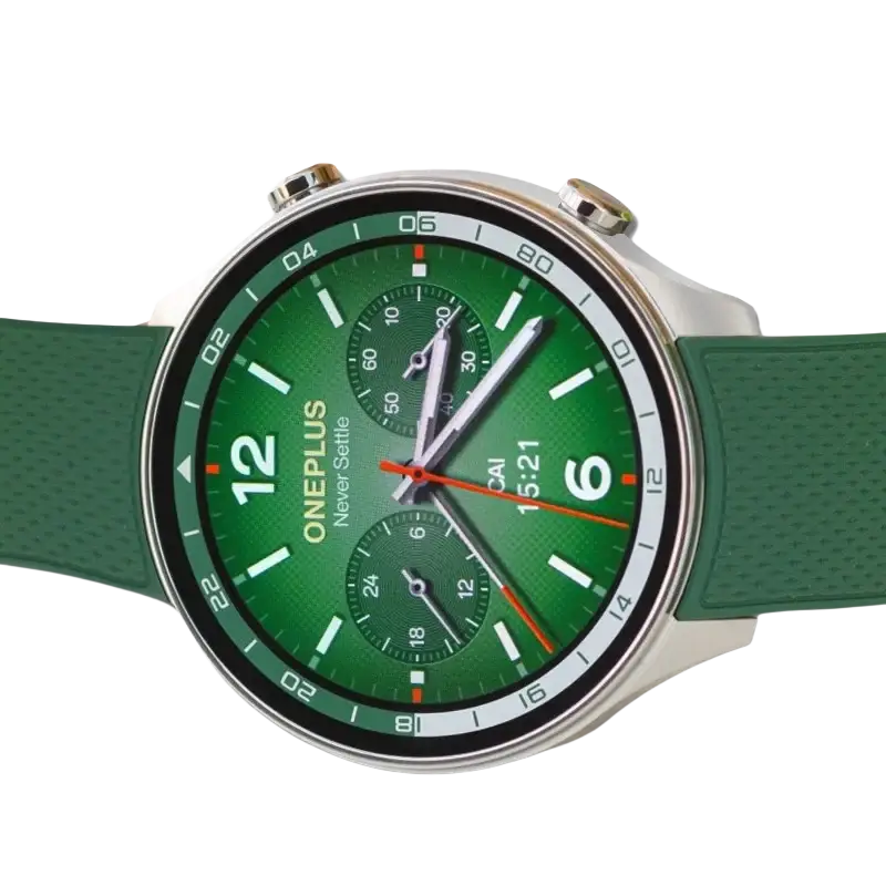 OnePlus Snapdragon Smartwatch with 1.43-inch AMOLED round display and green silicone strap