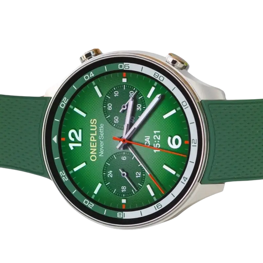 OnePlus Snapdragon Smartwatch with 1.43-inch AMOLED round display and green silicone strap