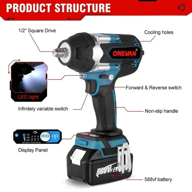 Onevan 1800N.M Torque Brush-less Electric Impact Wrench with 588VF