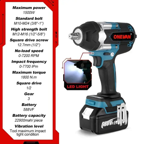 Onevan 1800N.M Torque Brush-less Electric Impact Wrench with 588VF