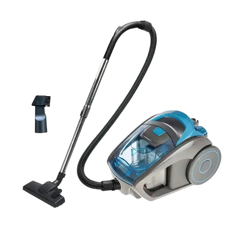 Blue and gray household vacuum cleaner with black hose, attachments, wheels