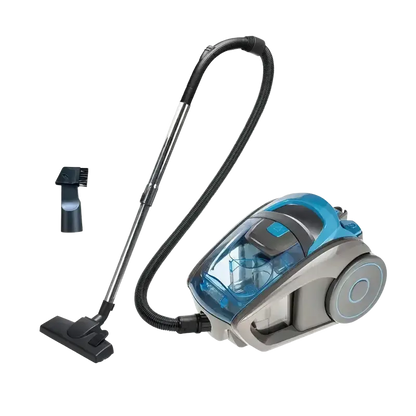 Blue and gray household vacuum cleaner with black hose, attachments, wheels