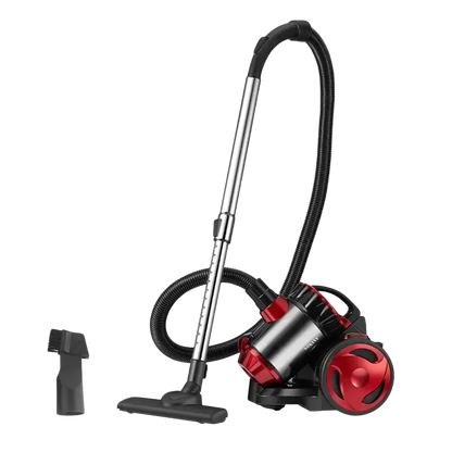 Red and black household vacuum cleaner with silver accents, hose, wheels